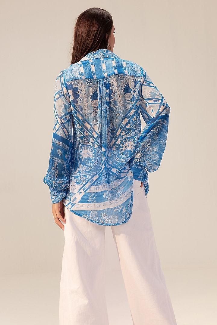 Blue Bemberg Georgette Placement Printed Shirt by Reena Sharma at Pernia's Pop Up Shop