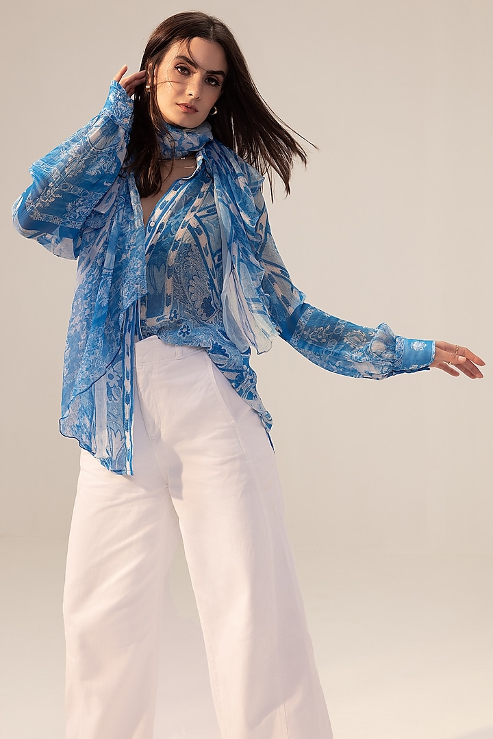 Blue Bemberg Georgette Placement Printed Shirt by Reena Sharma at Pernia's Pop Up Shop