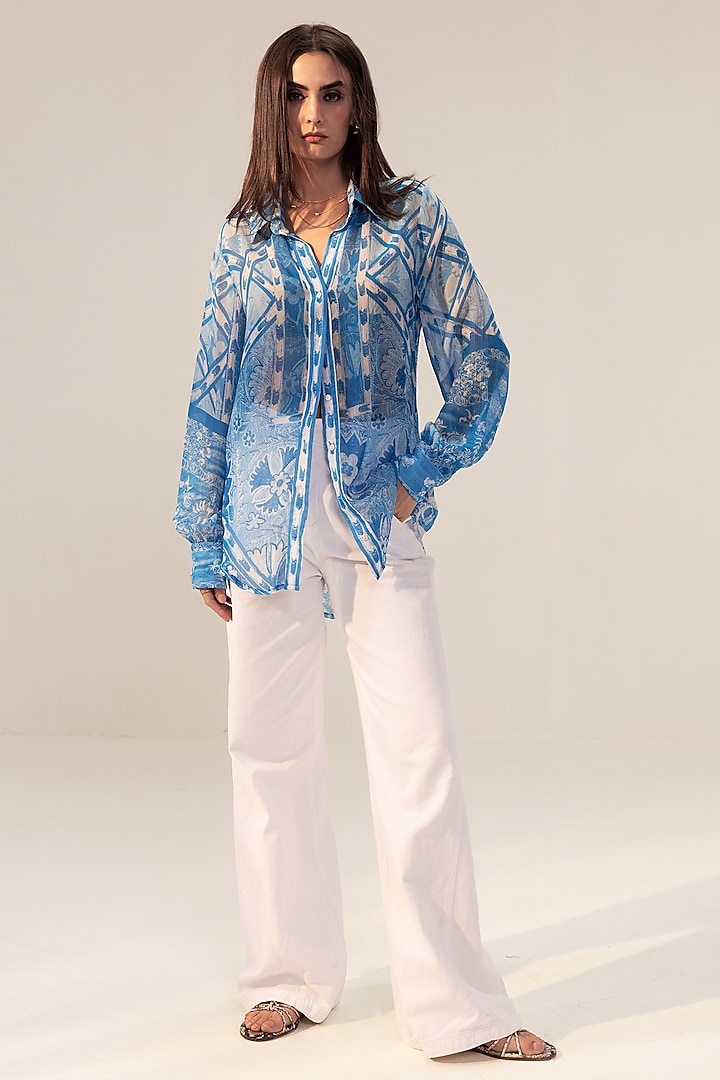Blue Bemberg Georgette Placement Printed Shirt by Reena Sharma at Pernia's Pop Up Shop