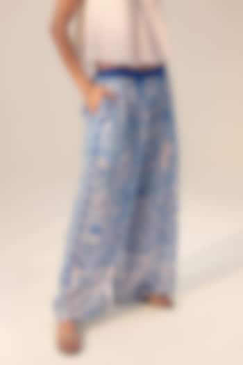 Blue Cotton Crepe Placement Printed Pants by Reena Sharma