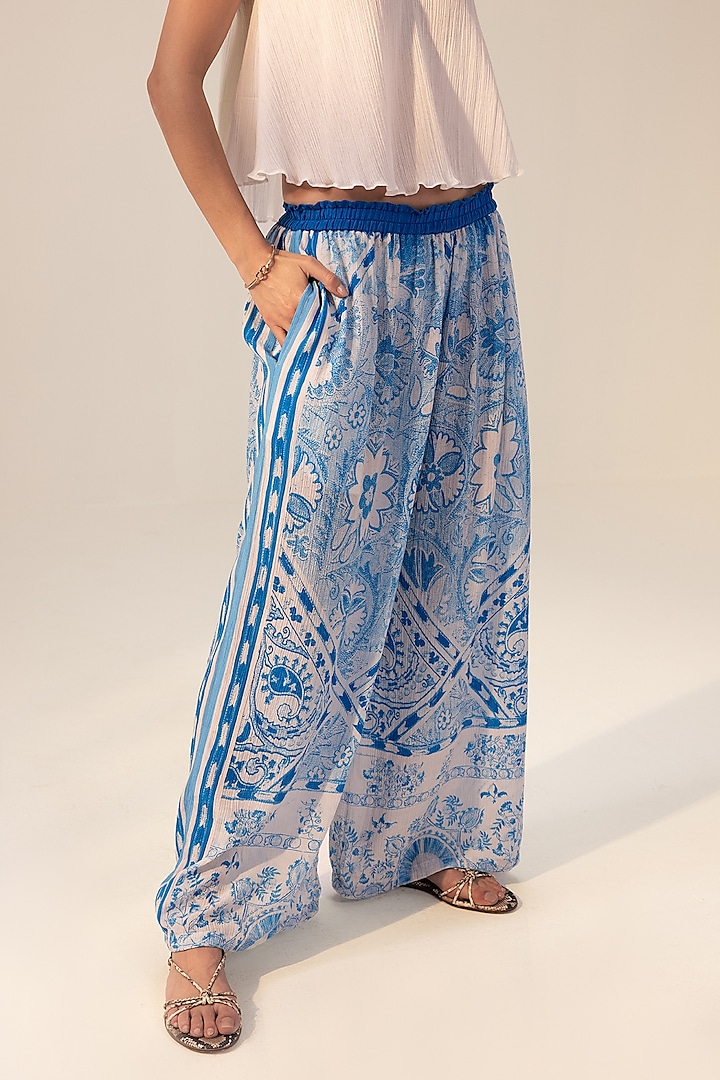 Blue Cotton Crepe Placement Printed Pants by Reena Sharma at Pernia's Pop Up Shop