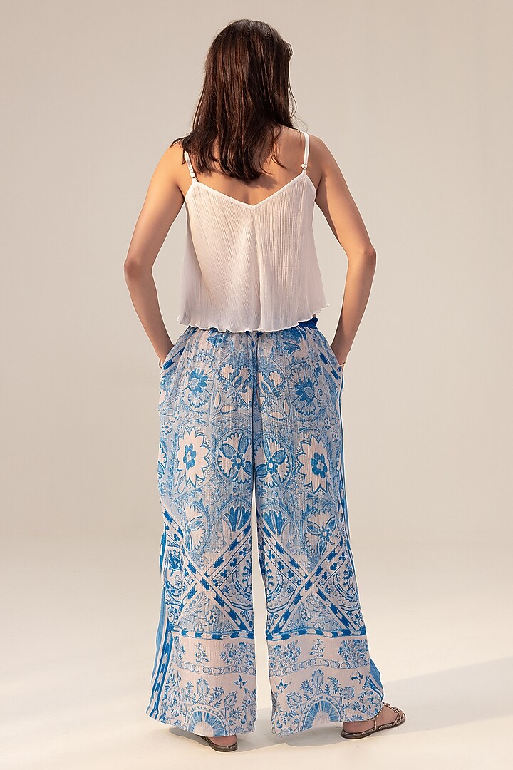 Blue Cotton Crepe Placement Printed Pants by Reena Sharma at Pernia's Pop Up Shop