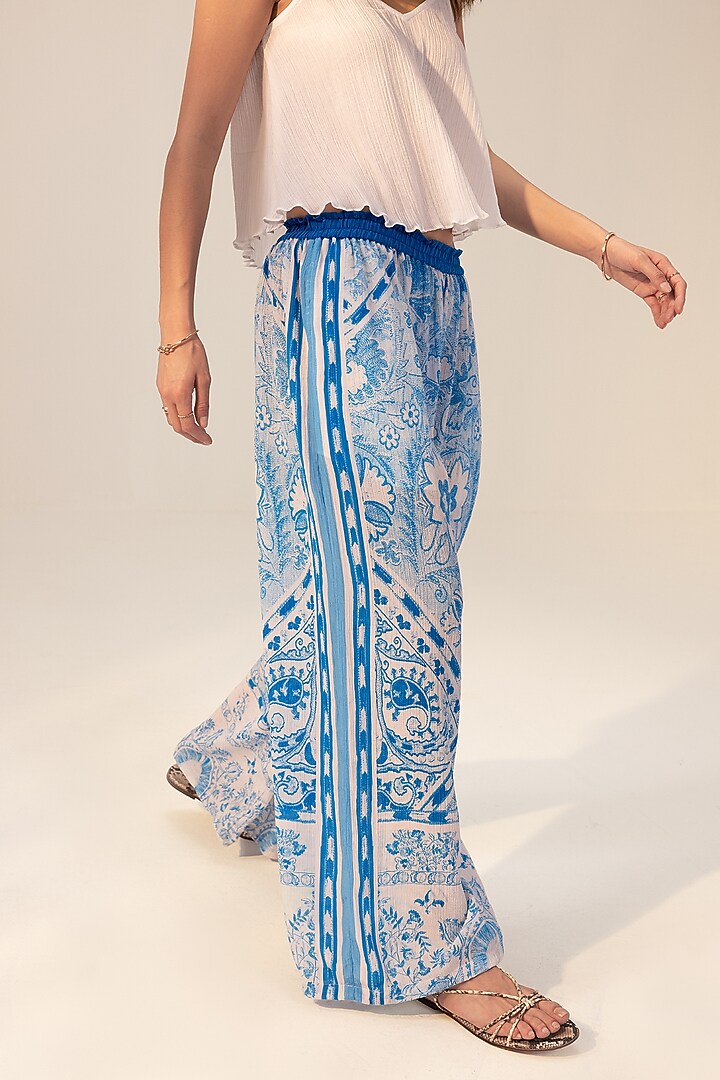 Blue Cotton Crepe Placement Printed Pants by Reena Sharma at Pernia's Pop Up Shop