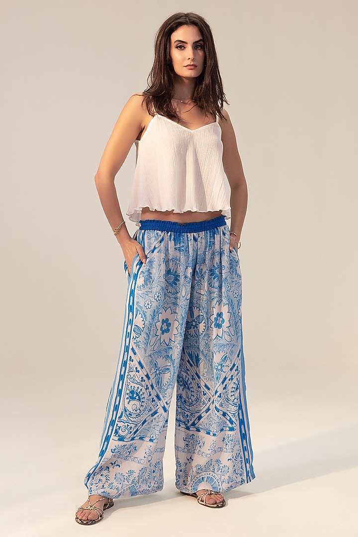 Blue Cotton Crepe Placement Printed Pants by Reena Sharma at Pernia's Pop Up Shop
