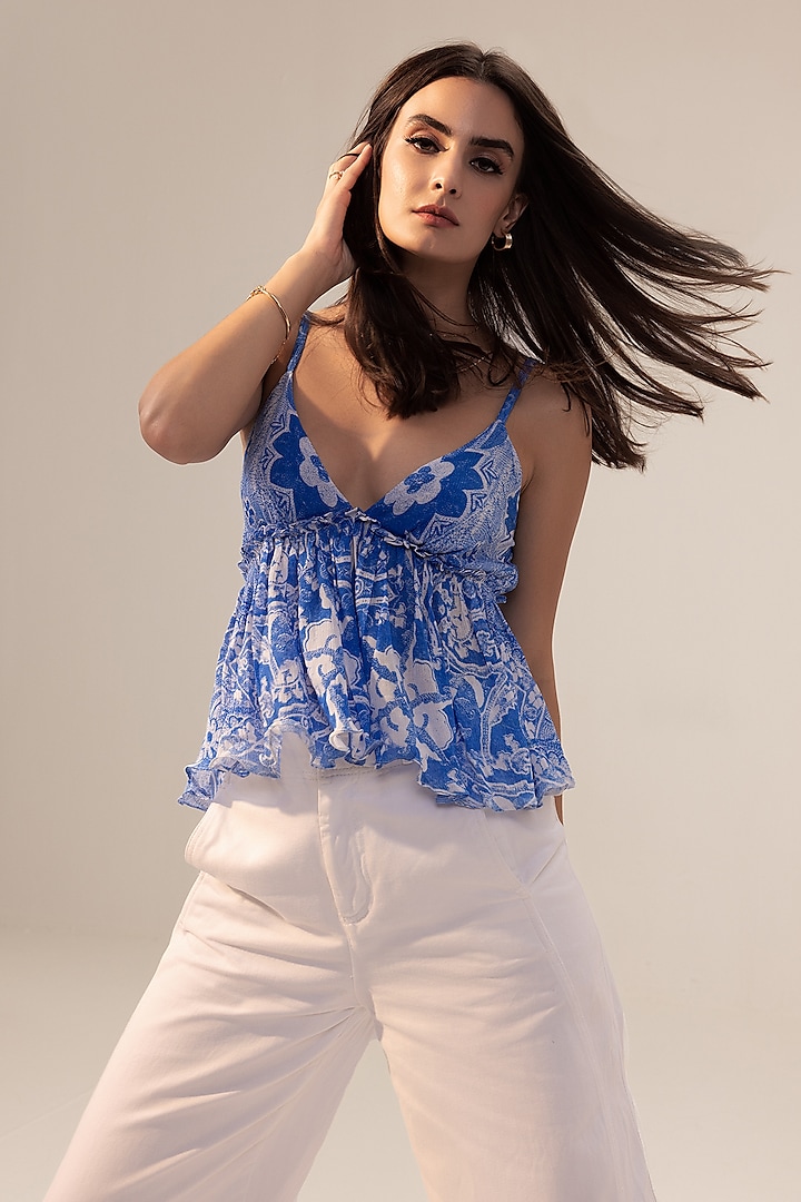 Blue Cotton Crepe Placement Printed Cami Top by Reena Sharma