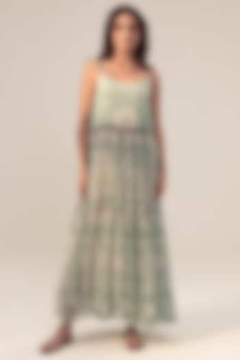 Sage Green Bemberg Chiffon Placement Printed Tiered Dress by Reena Sharma