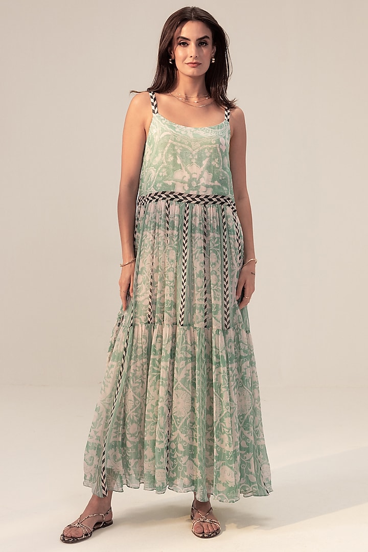 Sage Green Bemberg Chiffon Placement Printed Tiered Dress by Reena Sharma