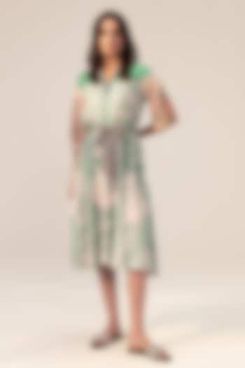 Sage Green Bemberg Georgette Placement printed Midi Summer Dress With Belt by Reena Sharma at Pernia's Pop Up Shop