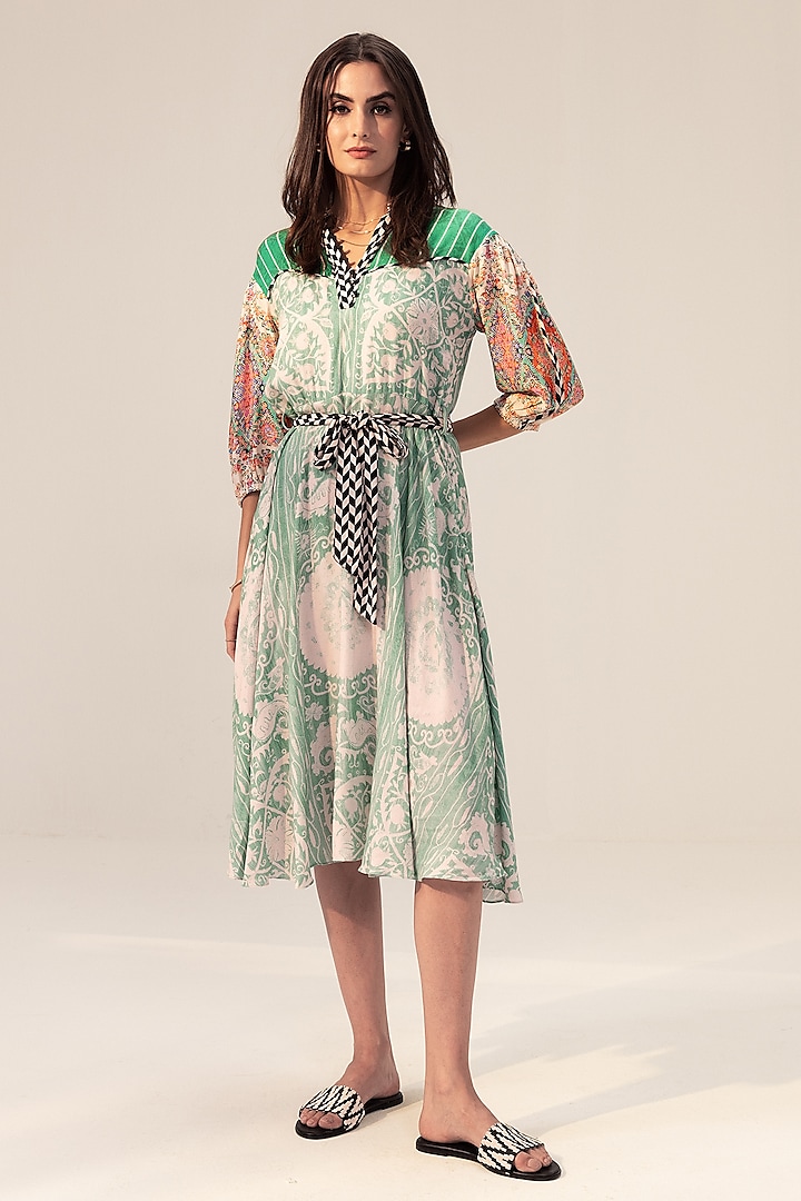 Sage Green Bemberg Georgette Placement printed Midi Summer Dress With Belt by Reena Sharma at Pernia's Pop Up Shop