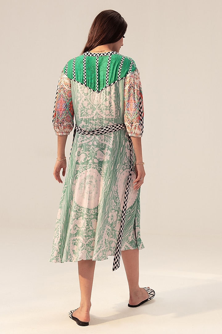Sage Green Bemberg Georgette Placement printed Midi Summer Dress With Belt by Reena Sharma at Pernia's Pop Up Shop