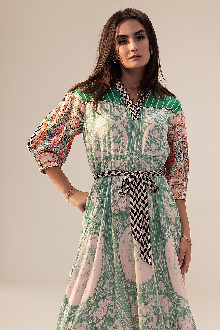 Sage Green Bemberg Georgette Placement printed Midi Summer Dress With Belt by Reena Sharma at Pernia's Pop Up Shop