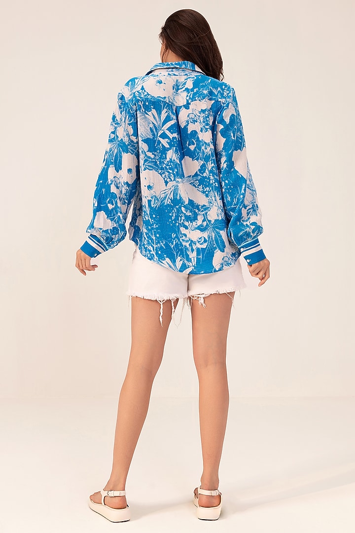 Blue Cotton Crepe Botanical Printed Shirt by Reena Sharma at Pernia's Pop Up Shop