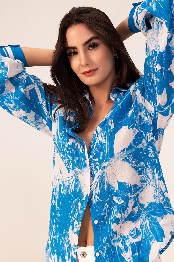 Blue Cotton Crepe Botanical Printed Shirt by Reena Sharma at Pernia's Pop Up Shop