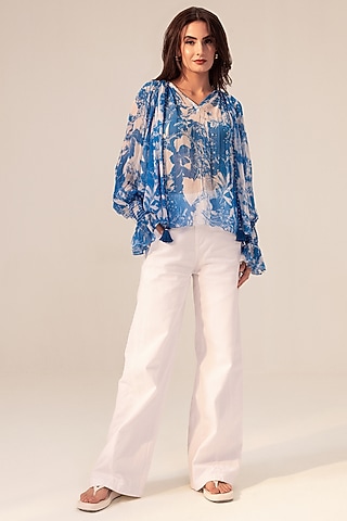 Blue Bemberg Chiffon Botanical Printed Boho Top by Reena Sharma