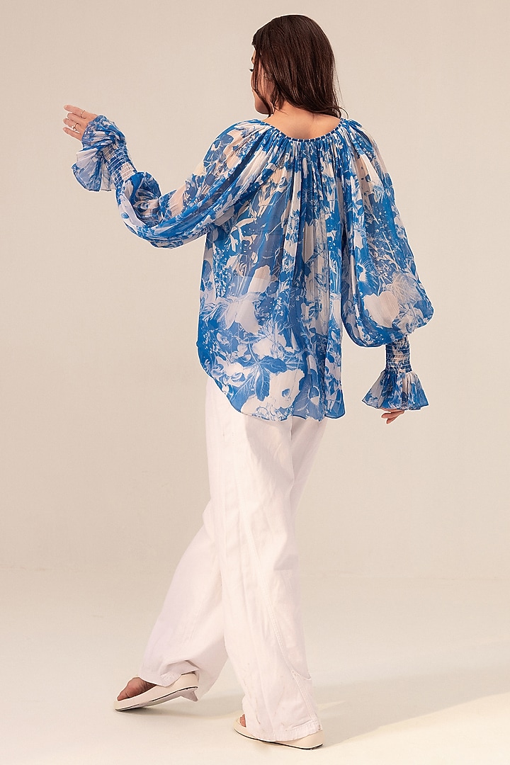 Blue Bemberg Chiffon Botanical Printed Boho Top by Reena Sharma at Pernia's Pop Up Shop