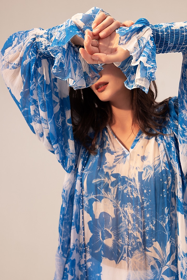 Blue Bemberg Chiffon Botanical Printed Boho Top by Reena Sharma at Pernia's Pop Up Shop