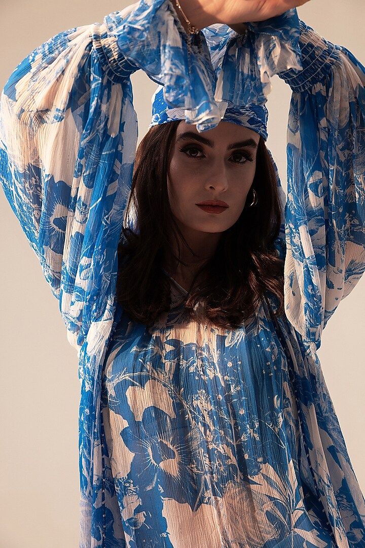 Blue Bemberg Chiffon Botanical Printed Boho Top by Reena Sharma at Pernia's Pop Up Shop