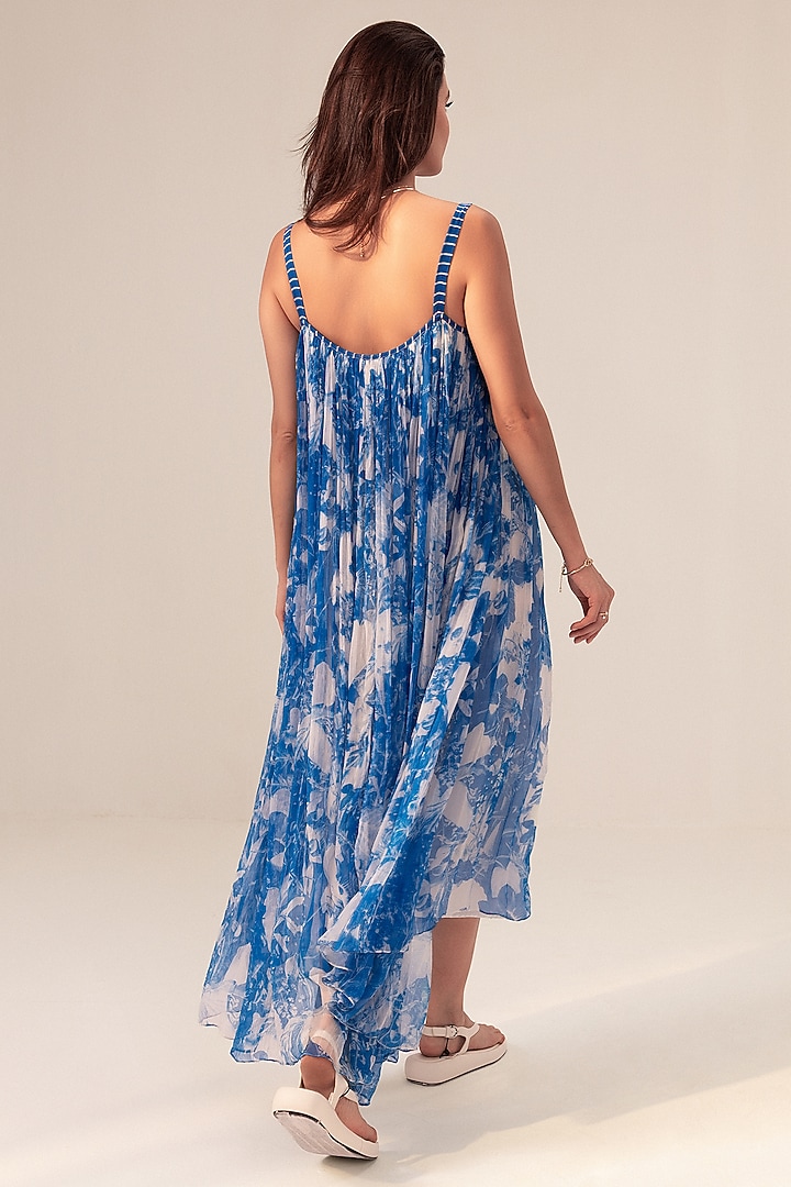 Blue Bemberg Chiffon Botanical Printed Summer Dress by Reena Sharma at Pernia's Pop Up Shop