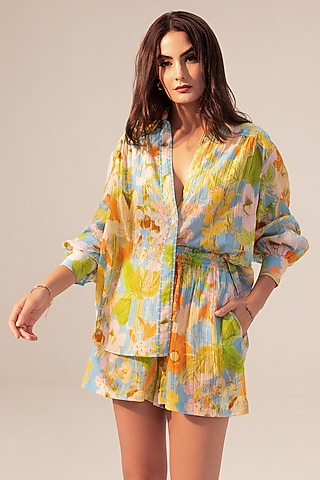 Multi-Colored Cotton Crepe Botanical Printed Co-Ord Set by Reena Sharma