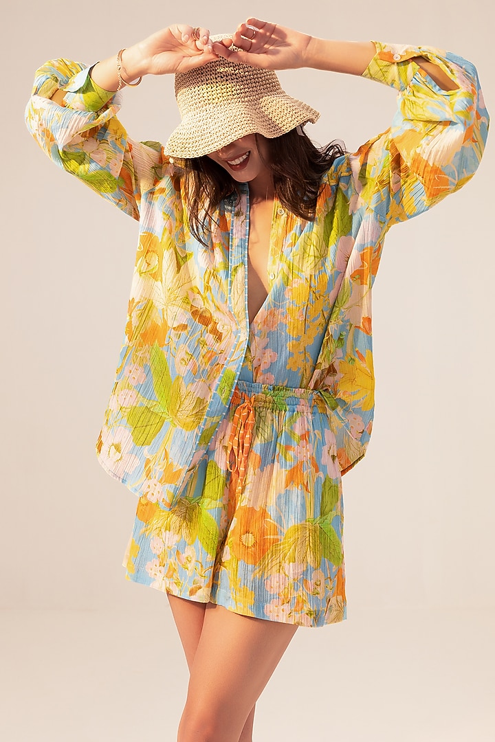 Multi-Colored Cotton Crepe Botanical Printed Co-Ord Set by Reena Sharma at Pernia's Pop Up Shop