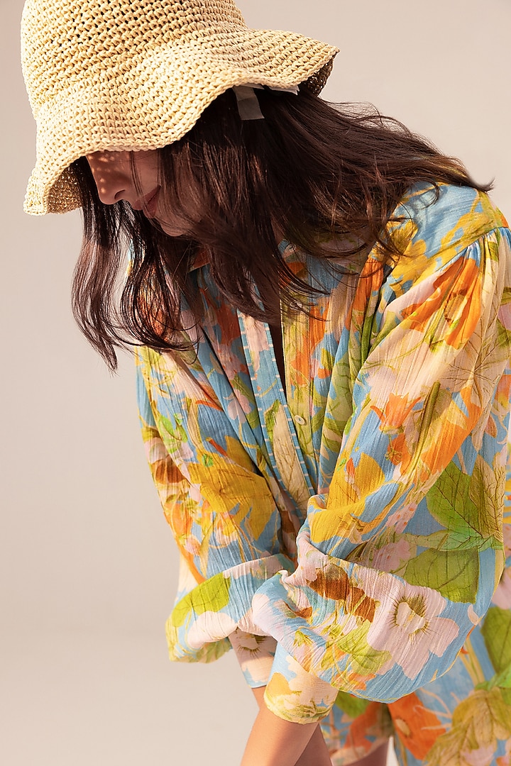 Multi-Colored Cotton Crepe Botanical Printed Co-Ord Set by Reena Sharma at Pernia's Pop Up Shop