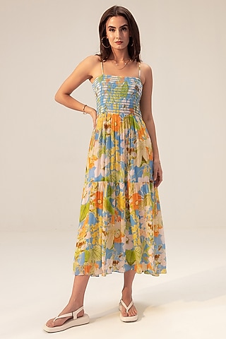 Multi-Colored Bemberg Georgette Floral Printed Tiered Midi Dress by Reena Sharma