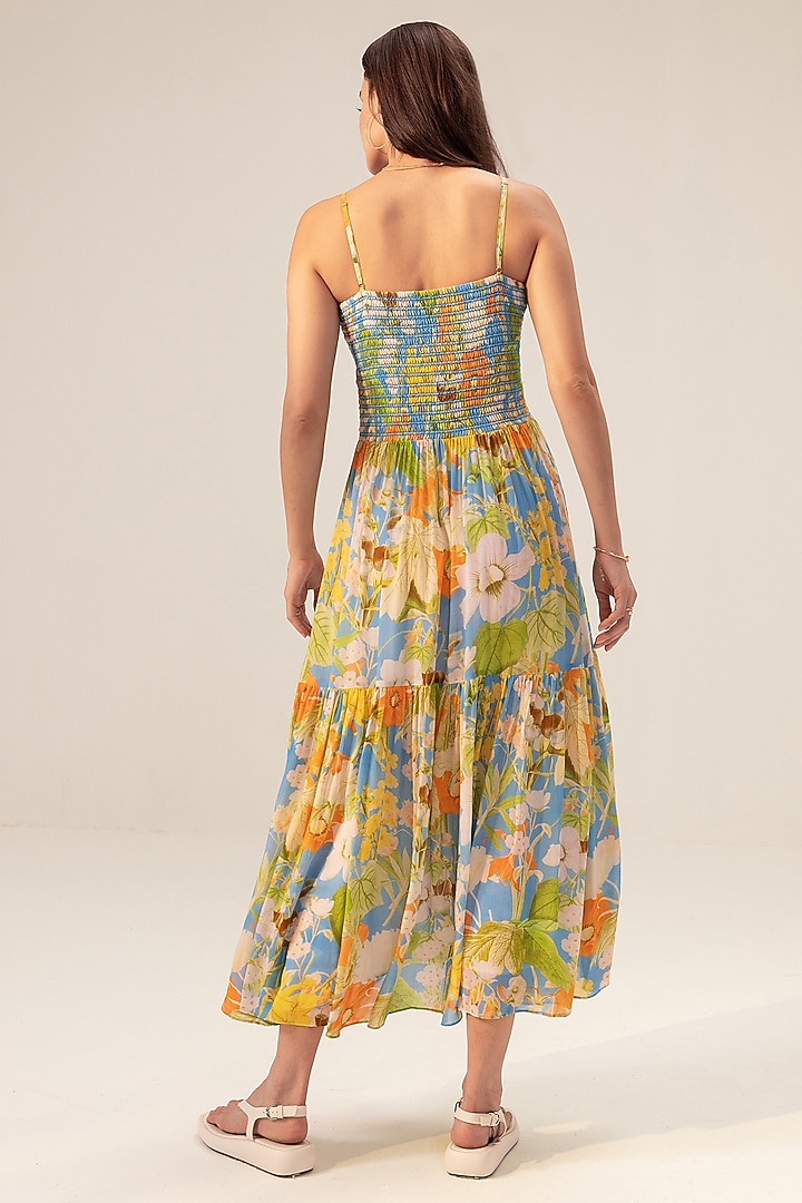 Multi-Colored Bemberg Georgette Floral Printed Tiered Midi Summer Dress by Reena Sharma at Pernia's Pop Up Shop