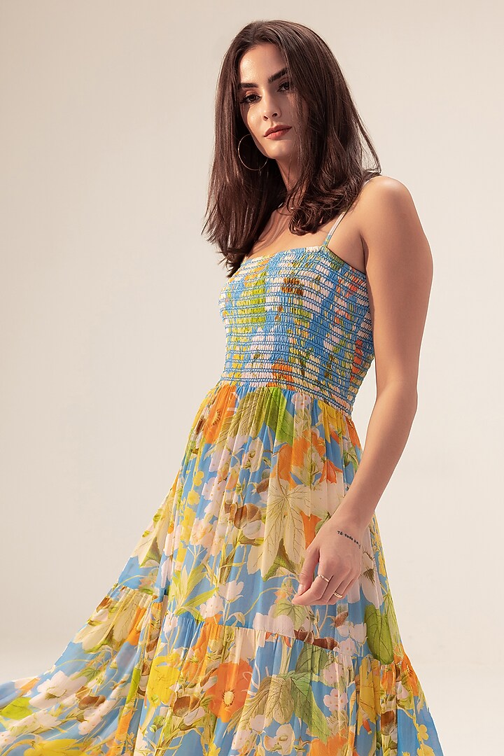 Multi-Colored Bemberg Georgette Floral Printed Tiered Midi Summer Dress by Reena Sharma at Pernia's Pop Up Shop