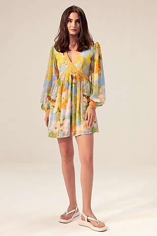 Multi-Colored Bemberg Georgette Floral Printed Mini Dress by Reena Sharma