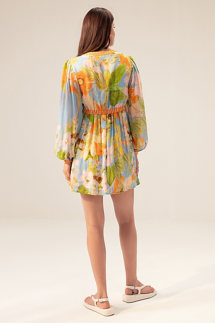 Multi-Colored Bemberg Georgette Floral Printed Mini Summer Dress by Reena Sharma at Pernia's Pop Up Shop