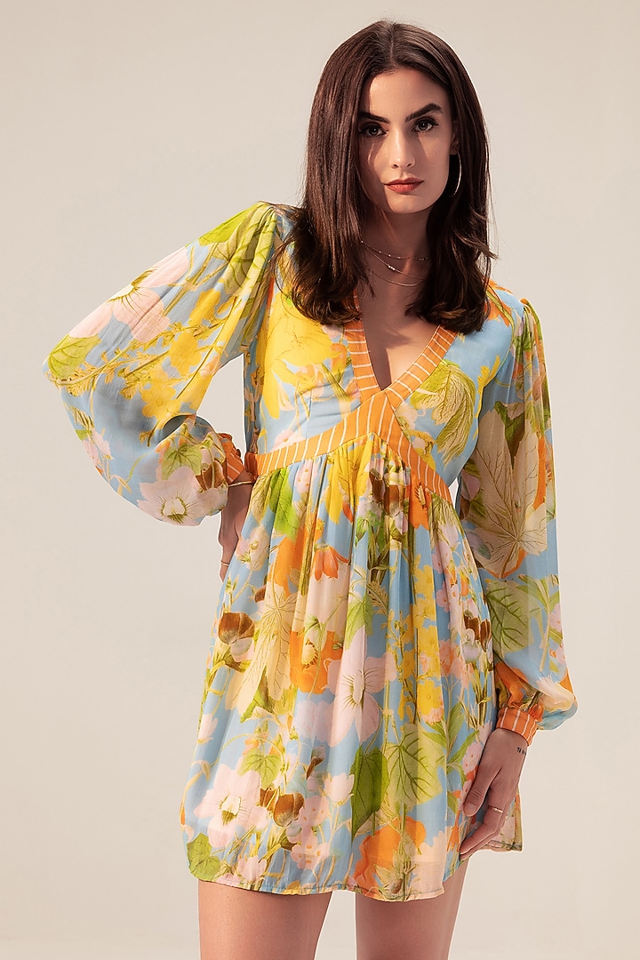 Multi-Colored Bemberg Georgette Floral Printed Mini Summer Dress by Reena Sharma at Pernia's Pop Up Shop