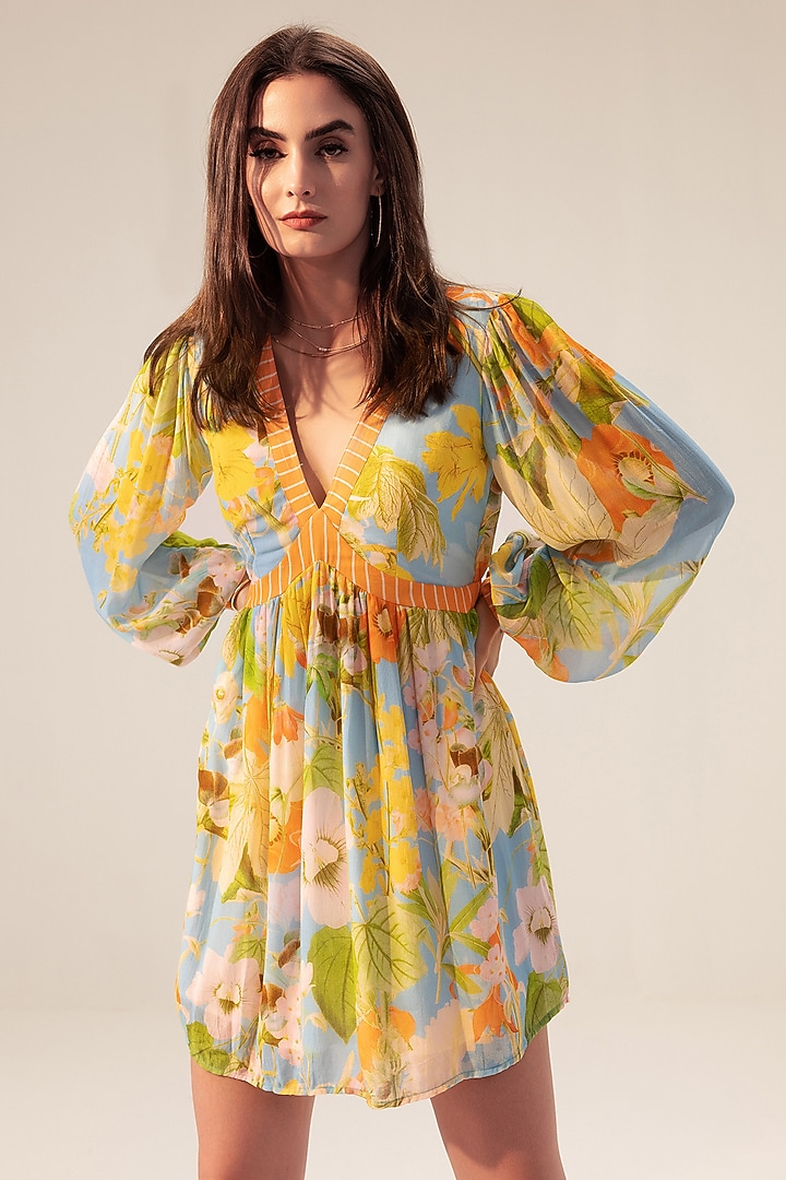 Multi-Colored Bemberg Georgette Floral Printed Mini Summer Dress by Reena Sharma at Pernia's Pop Up Shop