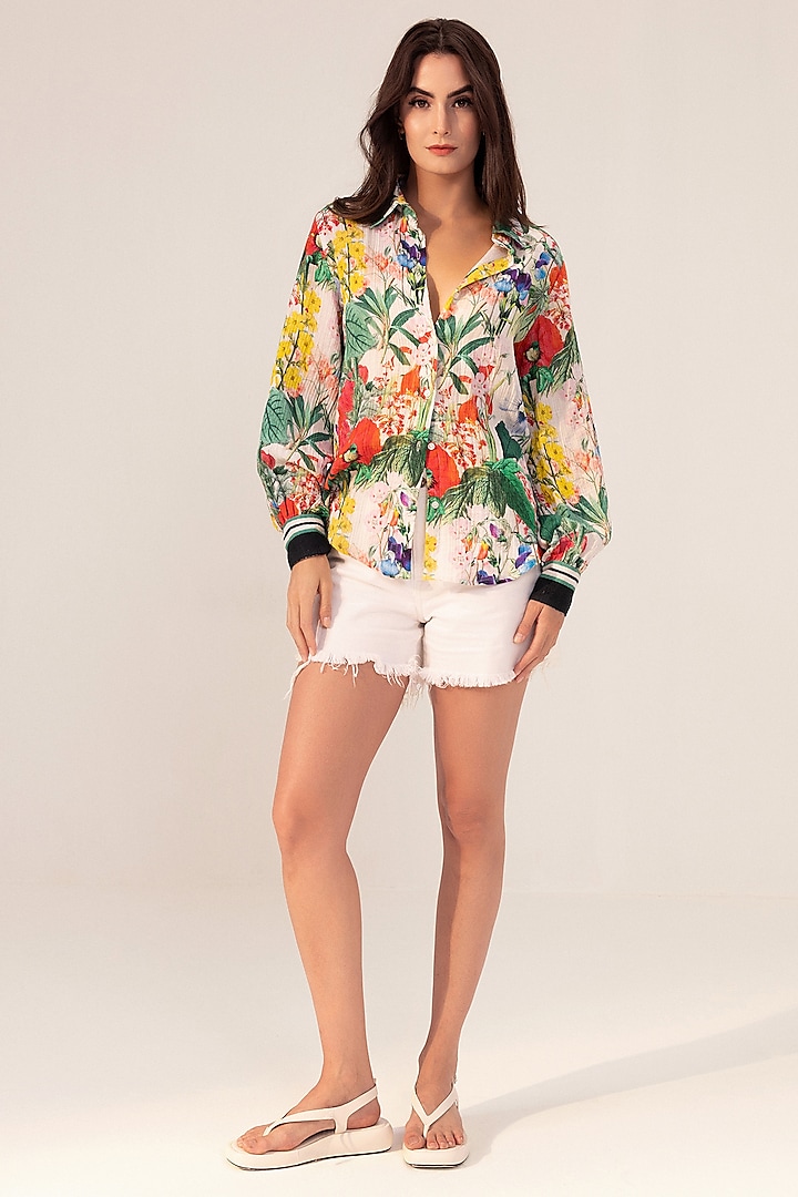 Multi-Colored Cotton Crepe Floral Printed Shirt by Reena Sharma