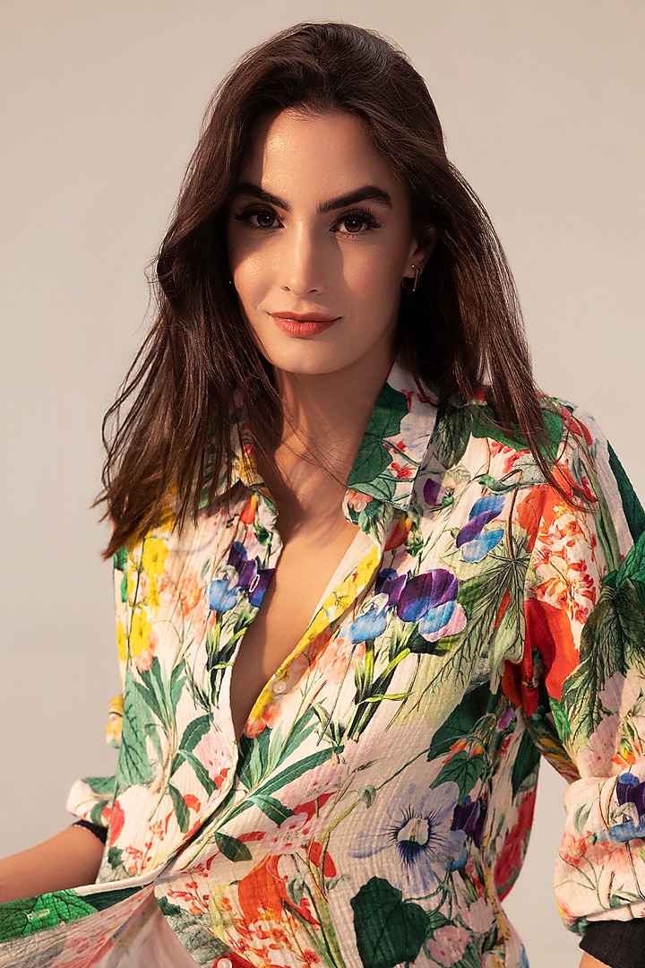 Multi-Colored Cotton Crepe Floral Printed Shirt by Reena Sharma at Pernia's Pop Up Shop