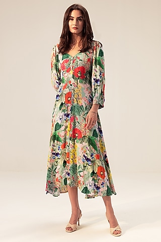 Multi-Colored Viscose Moss Crepe Floral Printed Midi Dress by Reena Sharma