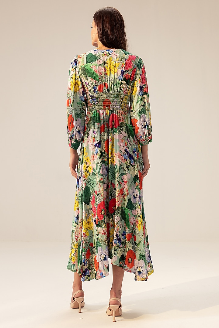 Multi-Colored Viscose Moss Crepe Floral Printed Midi Vacation Dress by Reena Sharma at Pernia's Pop Up Shop