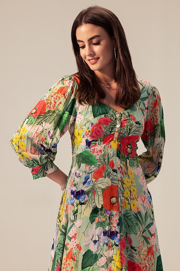 Multi-Colored Viscose Moss Crepe Floral Printed Midi Vacation Dress by Reena Sharma at Pernia's Pop Up Shop