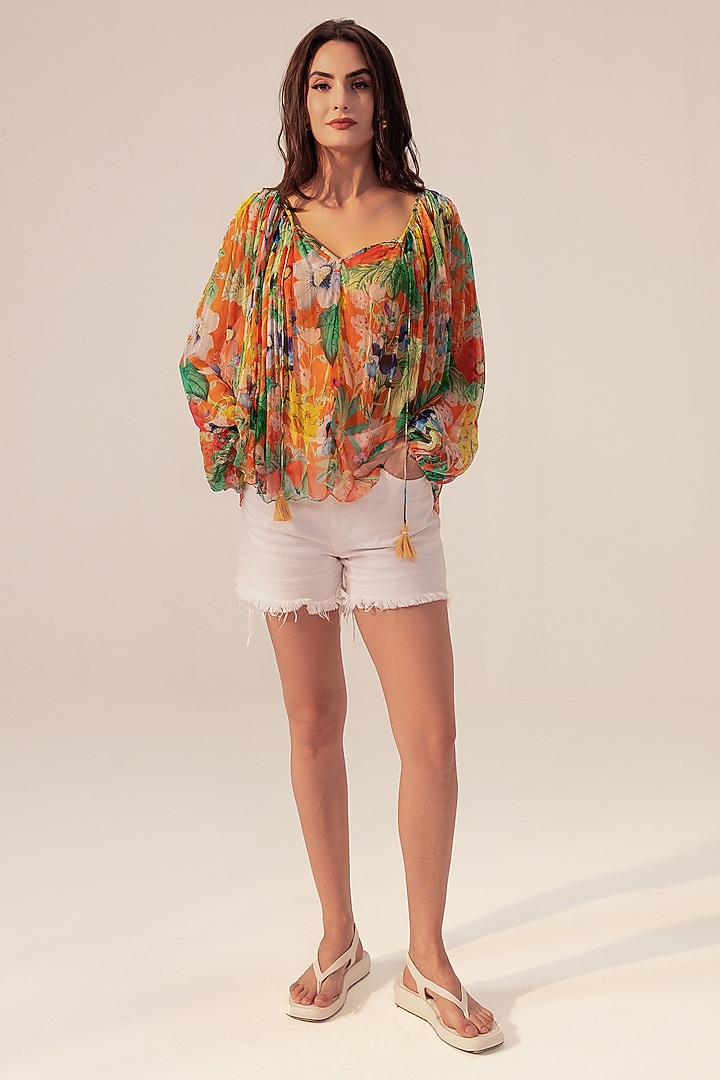 Multi-Colored Bemberg Chiffon Floral Printed Top by Reena Sharma at Pernia's Pop Up Shop