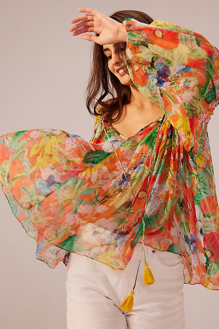 Multi-Colored Bemberg Chiffon Floral Printed Top by Reena Sharma at Pernia's Pop Up Shop
