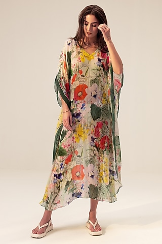 Multi-Colored Bemberg Georgette Floral Printed Long Kaftan by Reena Sharma