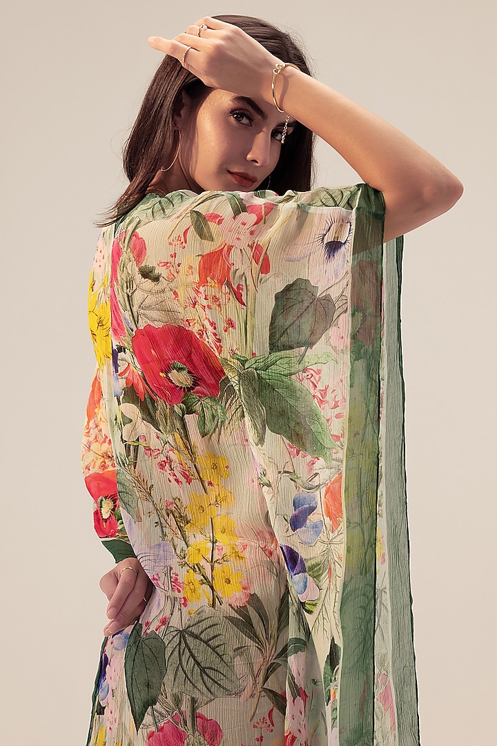 Multi-Colored Bemberg Georgette Floral Printed Long Kaftan by Reena Sharma at Pernia's Pop Up Shop