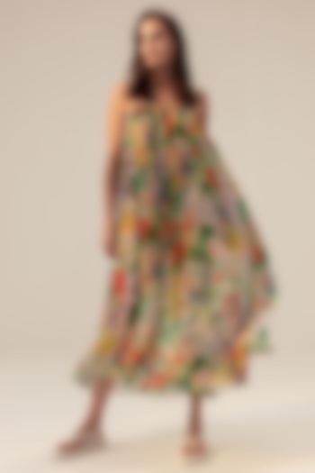 Multi-Colored Bemberg Chiffon Floral Printed Midi Dress by Reena Sharma at Pernia's Pop Up Shop