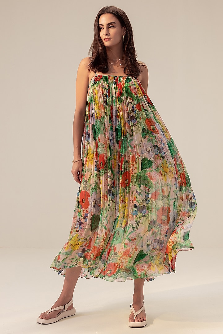 Multi-Colored Bemberg Chiffon Floral Printed Midi Dress by Reena Sharma at Pernia's Pop Up Shop