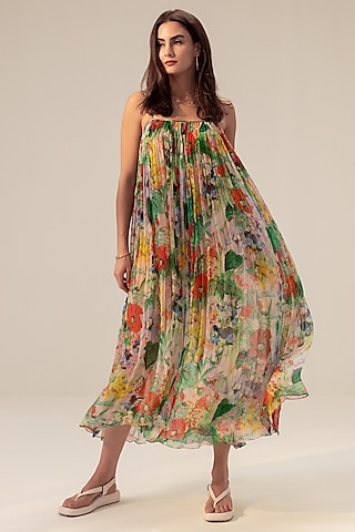 Multi-Colored Bemberg Chiffon Floral Printed Midi Dress by Reena Sharma