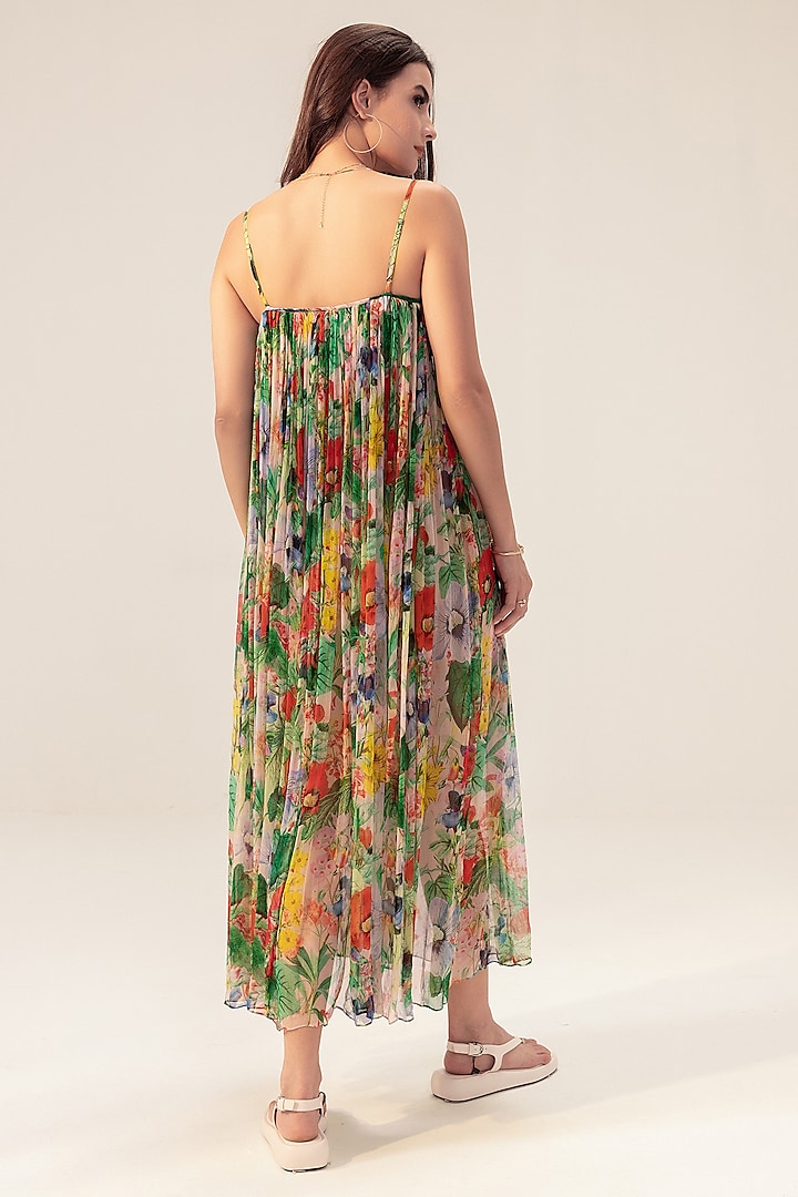 Multi-Colored Bemberg Chiffon Floral Printed Midi Summer Dress by Reena Sharma at Pernia's Pop Up Shop