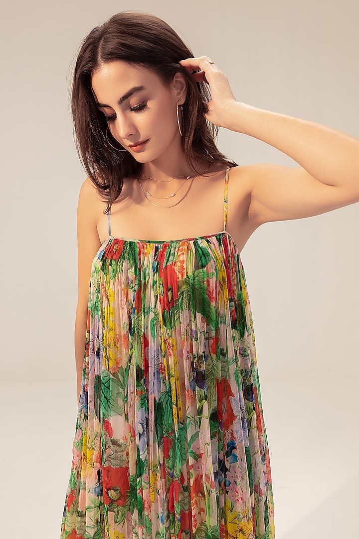 Multi-Colored Bemberg Chiffon Floral Printed Midi Summer Dress by Reena Sharma at Pernia's Pop Up Shop