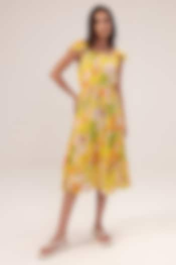 Yellow Cotton Mulmul Floral Printed Tiered Midi Dress by Reena Sharma at Pernia's Pop Up Shop