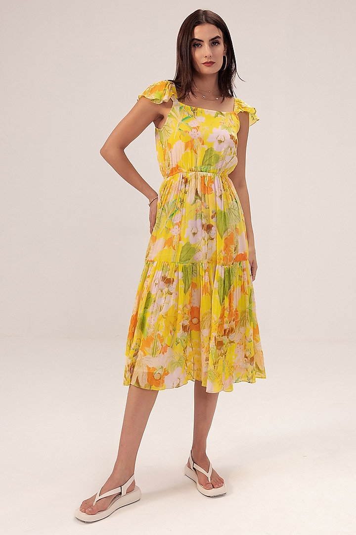 Yellow Cotton Mulmul Floral Printed Tiered Midi Dress by Reena Sharma at Pernia's Pop Up Shop