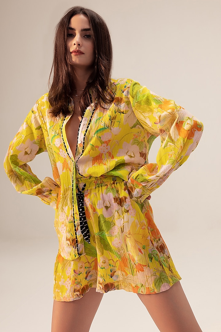 Yellow Cotton Crepe Floral Printed Co-Ord Set by Reena Sharma at Pernia's Pop Up Shop