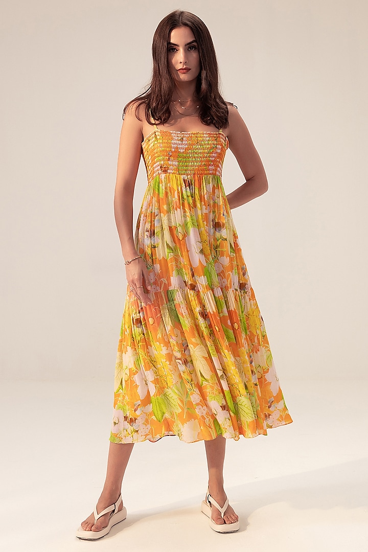 Yellow Bemberg Georgette Floral Printed Tiered Dress by Reena Sharma